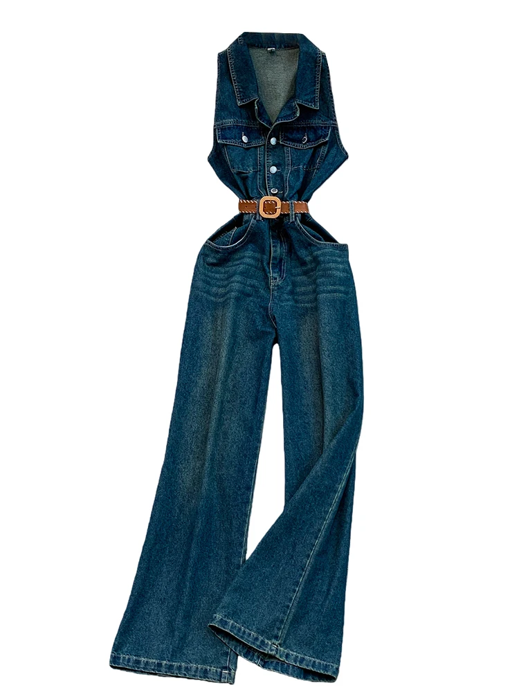 Retro Slimming Denim Neck Hanging Pants Women's New 2026 High Waist Wide Leg Pants Tie Waist Design Long Summer Dress