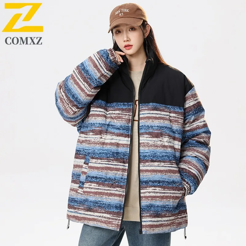 

COMXZ 2025 Winter Stand Collar Color Block Padded Coat Unisex Casual Sports Outwear Candy Color Trendy Warm Couple Jacket