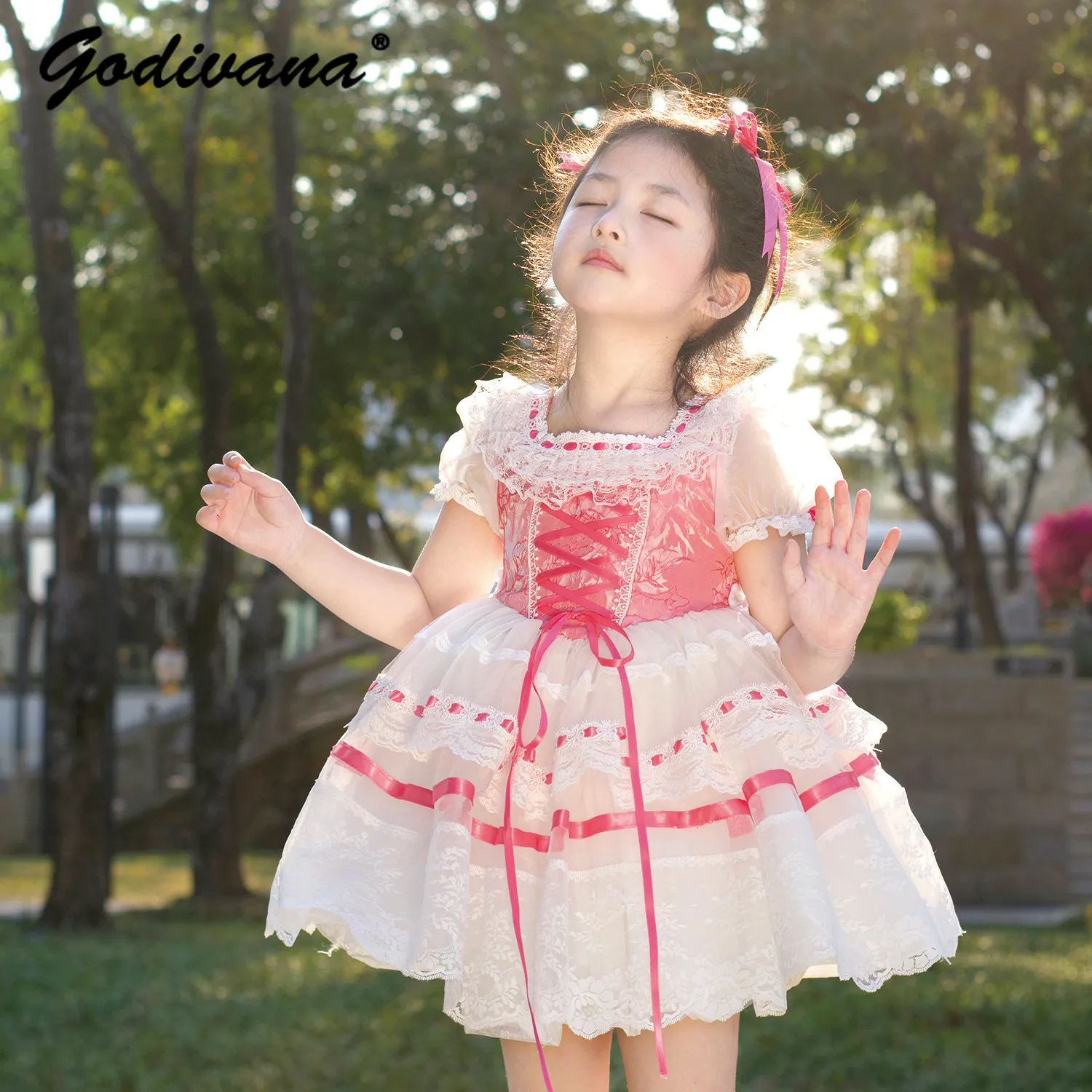 Sweet Cute Baby Girls 2026 New Summer Puff Sleeve Lolita Princess Dress Kids Bow Lace Trim Embroidery High Waist Mesh Tutu Dress