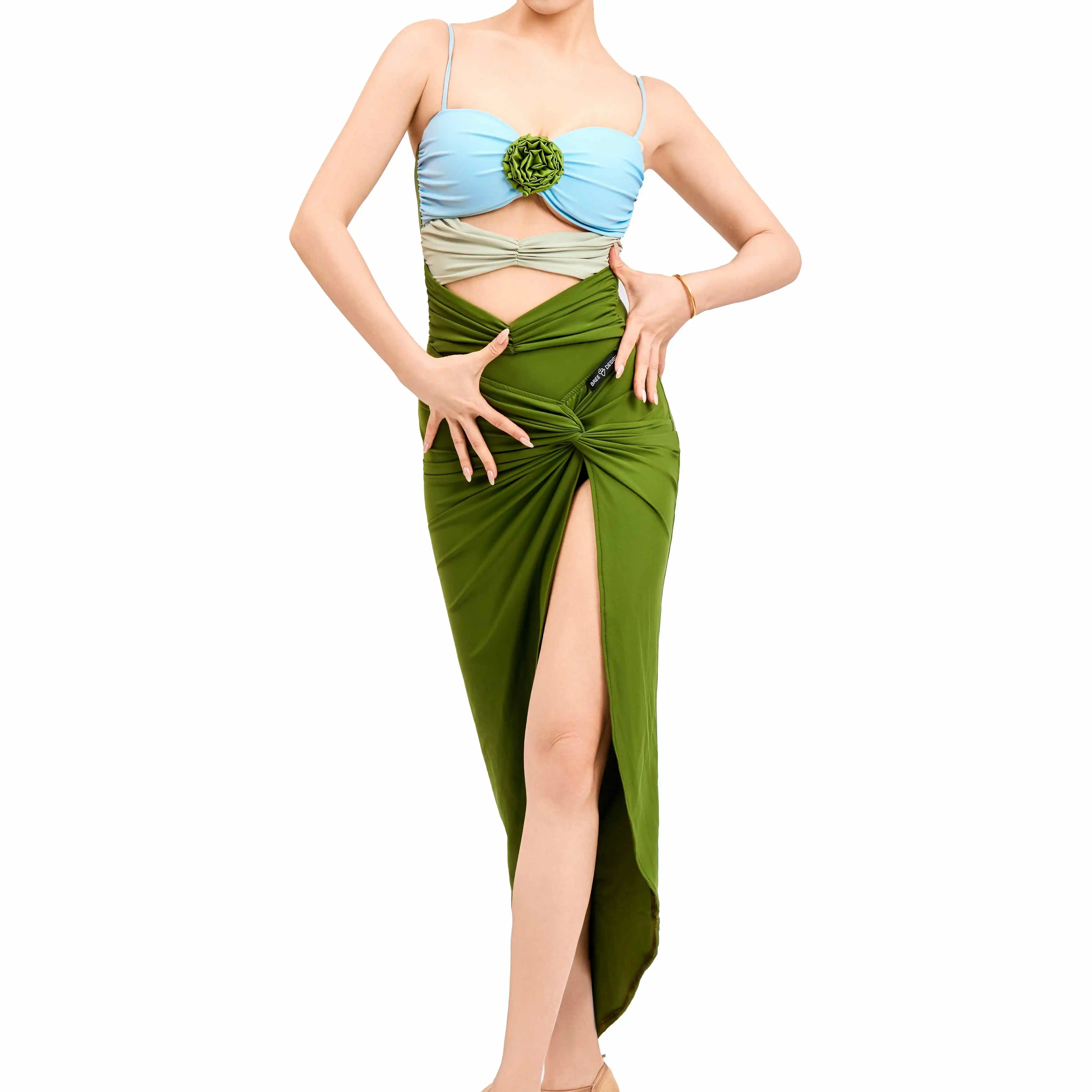 2025 Costume de danse latine femmes fleur justaucorps haute fente jupe Sexy Rumba Tango danse compétition vêtements pratique porter DNV24694