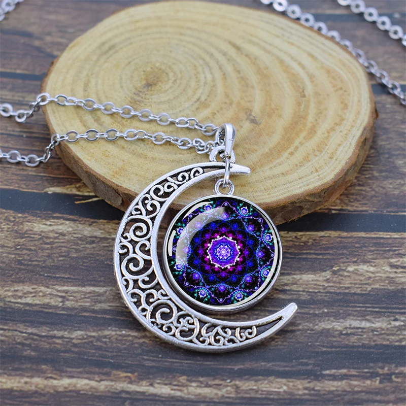 Mandala Necklaces Buddhist Meditation Jewelry Datura Flower of Life Crescent Moon Pendant Necklace for Women Men Lucky Gift