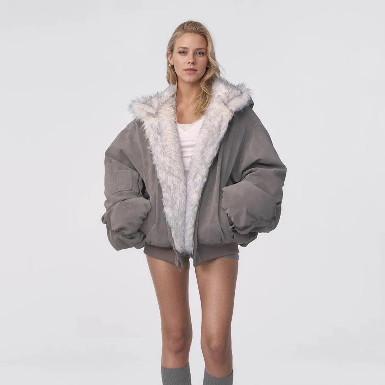 Hooded Single Loose Fit Coat with Elegant Commuter Long Sleeve British Style Pockets Winter Zipper Closure Women Winter Jacket