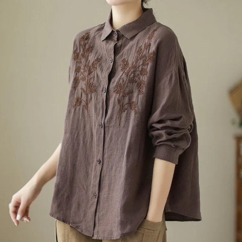 2023 Spring/Summer New Vintage Embroidery Turn-down Collar Indie Folk Loose and Slim Long Sleeve Linen Leisure Female Shirt