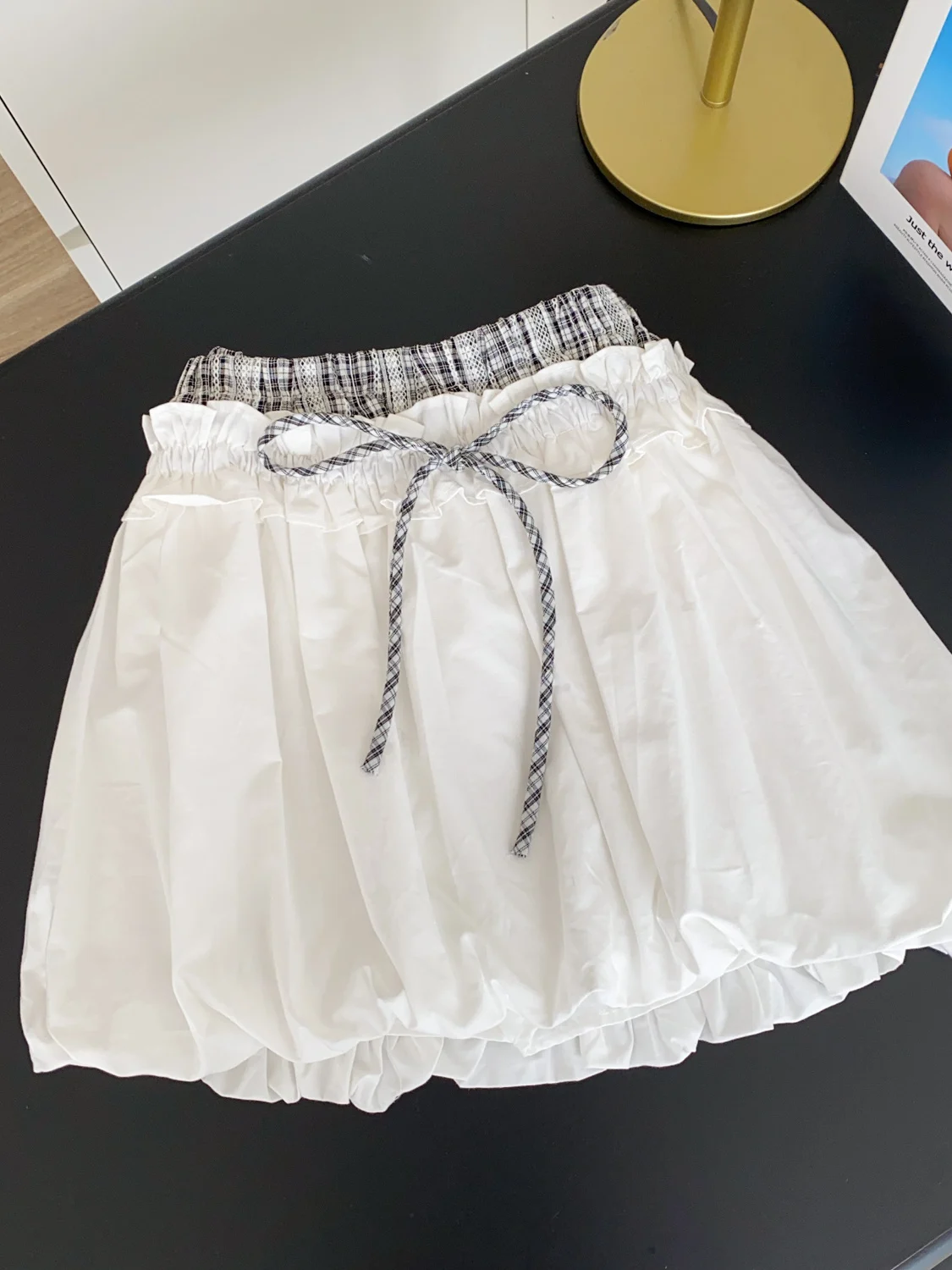 Korean Style High Waist Plaid Splicing A-Line  Skirt Women's Summer Sweet Wood Grain  Slimming Flower Bud Short Skirt...