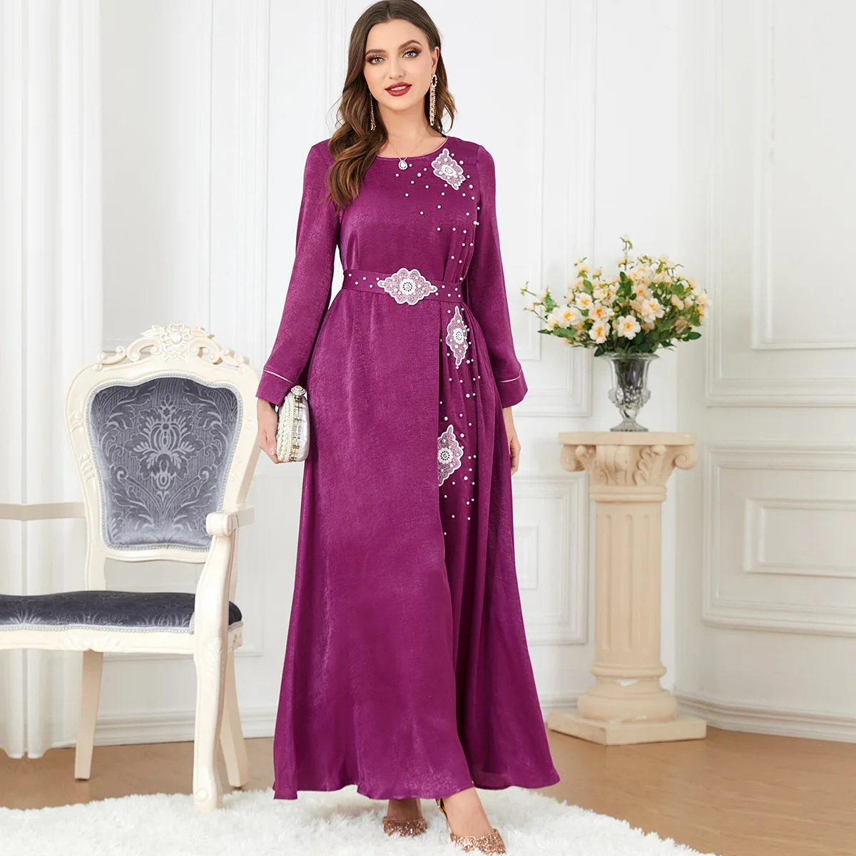 3301 Arab Spring Fashion New Women's Fashion Long Sleeve Beaded Round Neck Dress