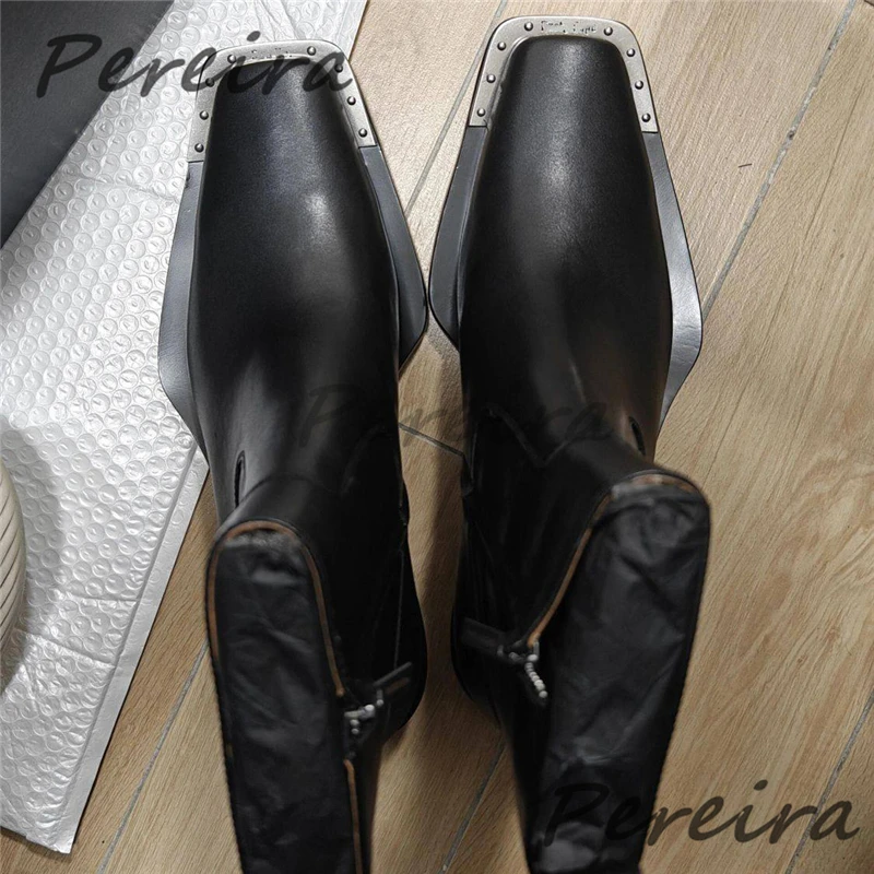 

Metal Decor Square Toe Chelsea Boots for Men British Style Black Leather Side Zipper Short Boots Trendy Men's Shoes Plus Size