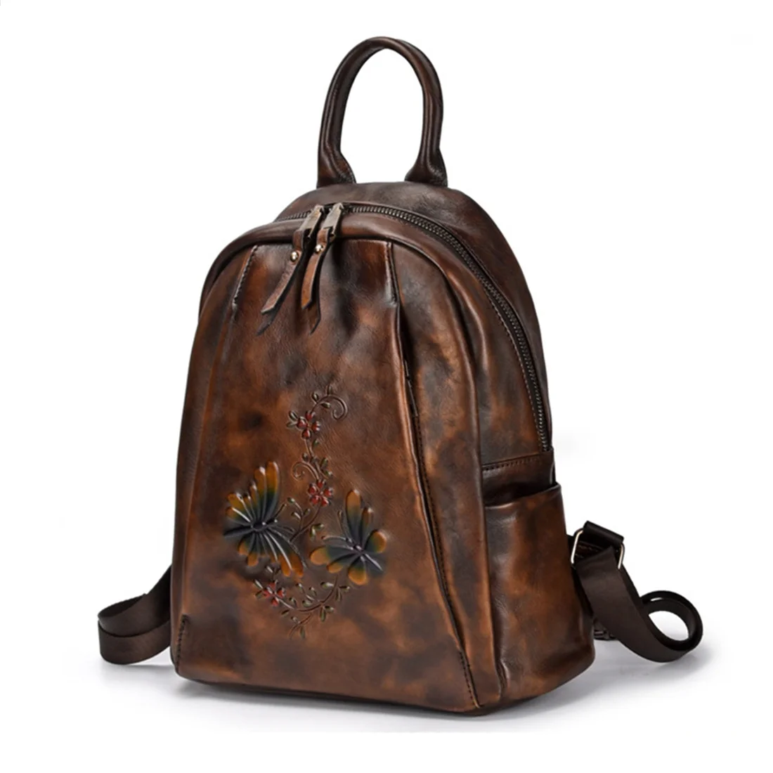 Natural Skin Genuine Leather Backpack Embossed Travel Bag Vintage Brush Color Daypack Knapsack Women High Quality Rucksack