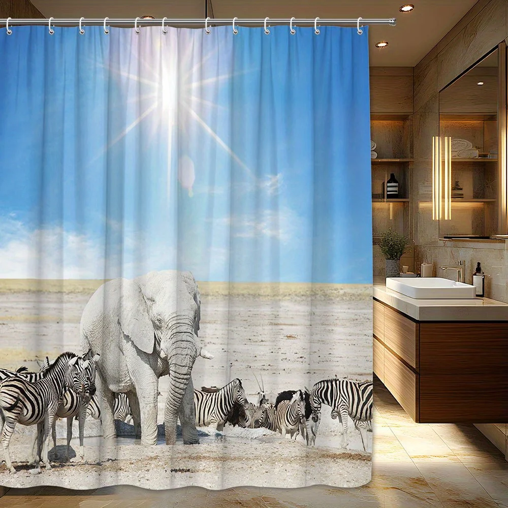 

1p1pc white elephant and zebra african savannah shower curtain -70.87x 70.87 inch vibrant wildlife scene shower curtain