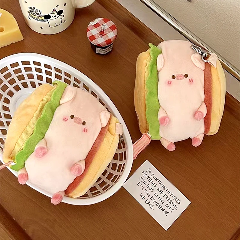 1Pcs Cute Sandwich Pig Coin Purse Adorable Plush Animal Pendant Keyrings Headphones/Coins Organizing Bags Girls Like Fun Gifts