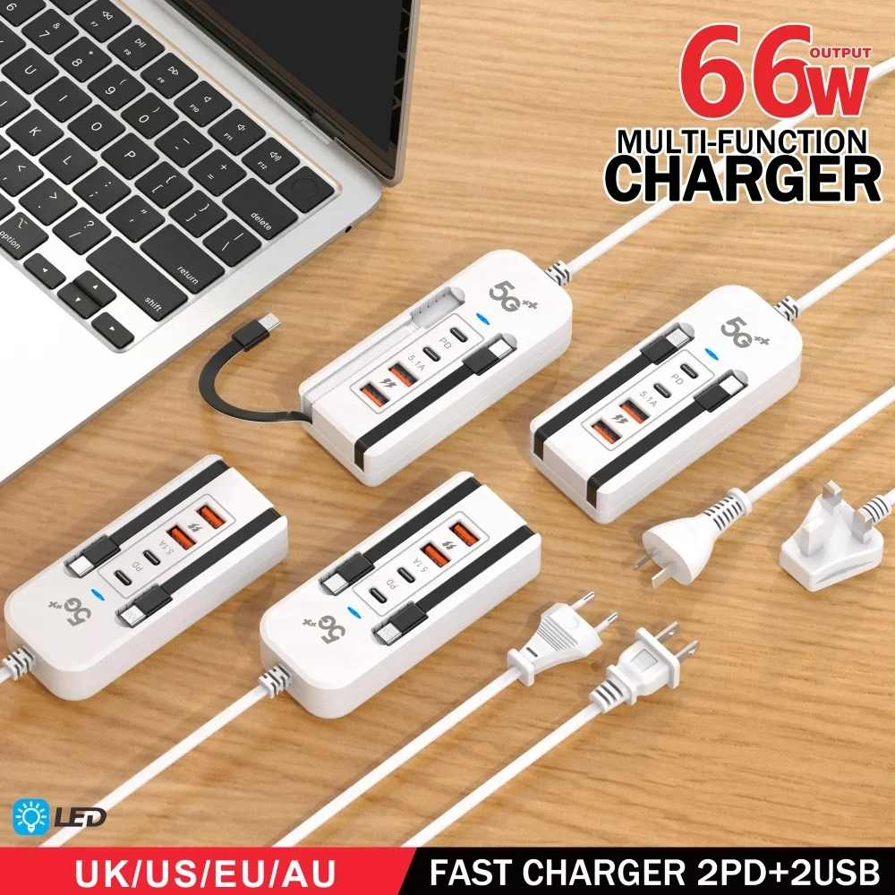 66 واط متعدد المنافذ شاحن USB PD نوع C شحن سريع الهاتف المحمول شحن سريع الاتحاد الأوروبي الولايات المتحدة المملكة المتحدة التوصيل الجدار محول آيفون سامسونج Xiaomi