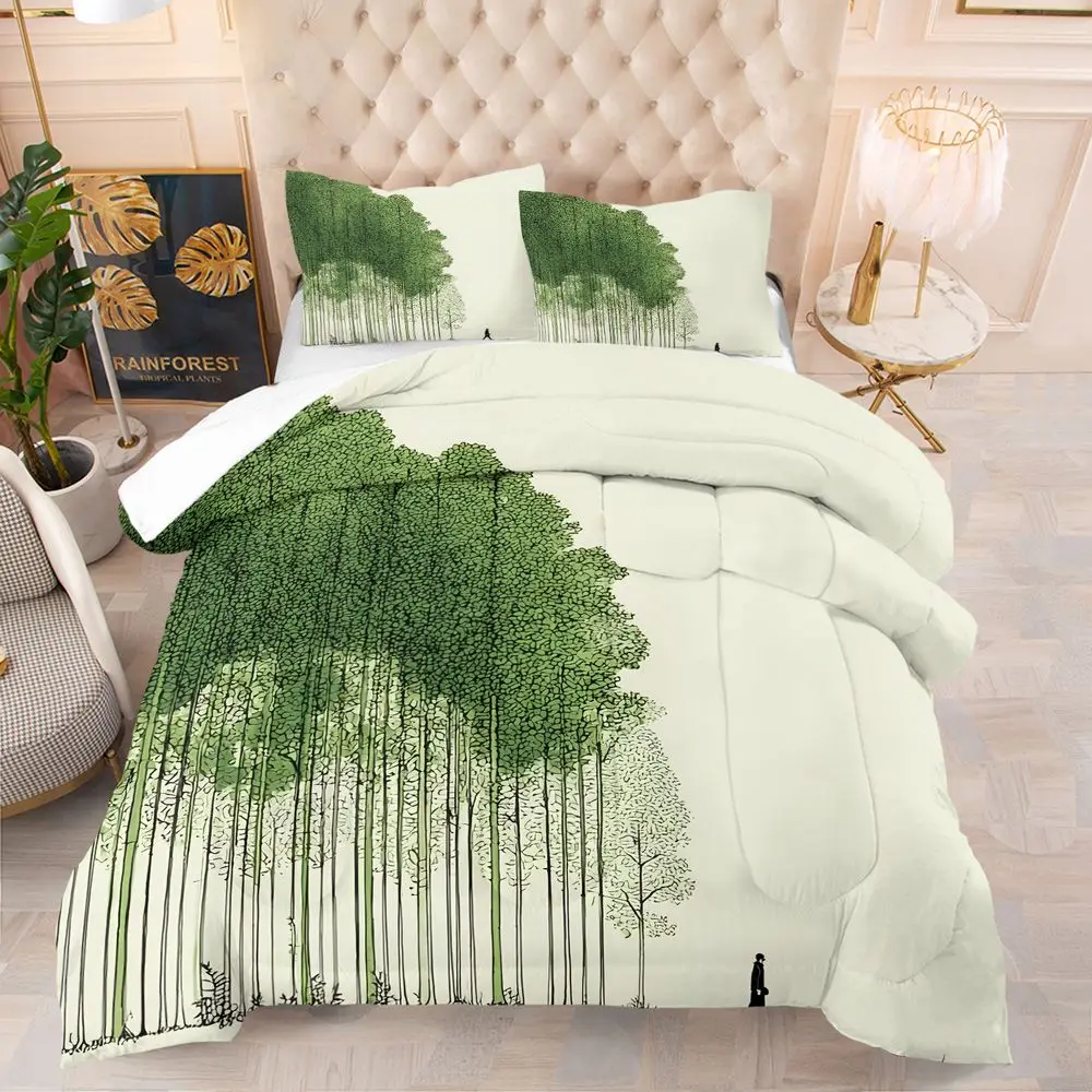 Minimal Forest Man Line Art Quilt Comforter Set Bedding Set Pillowcase HD Digital Print Aesthetic Adult Bedroom Kit