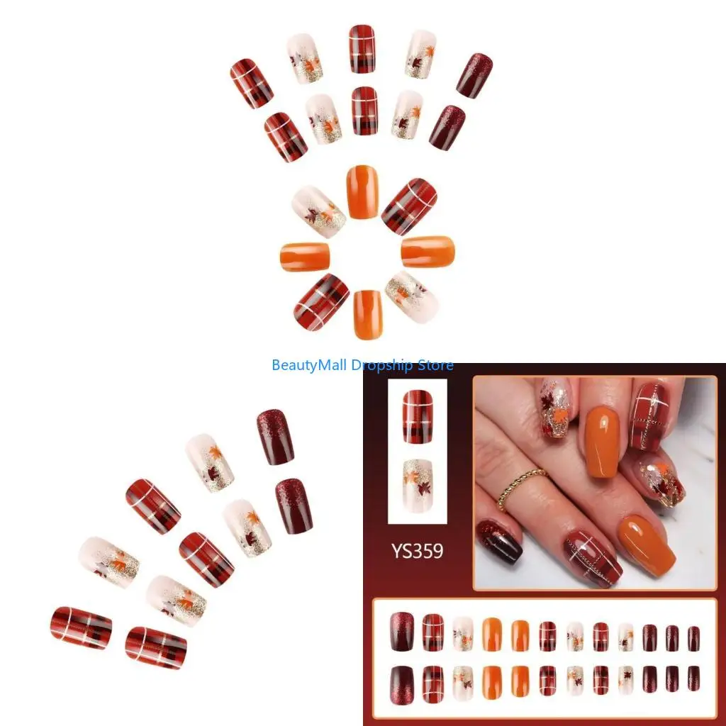 40JD عيد الشكر سقوط ورقة القيقب تصاميم الأظافر كاذبة مربعة غطاء كامل الضغط على مانيكير الأظافر الاصطناعية 24pcs