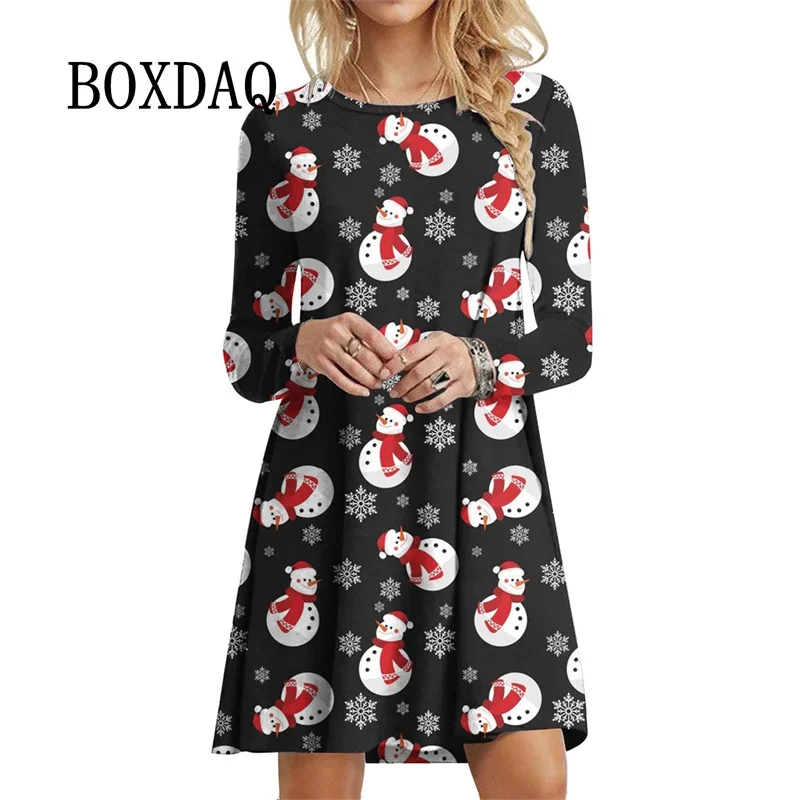 Winter New Women Dress Festival Christmas Party Mini Dress Snowflake Print A-Line Dress Autumn Casual Long Sleeve Femme Robe