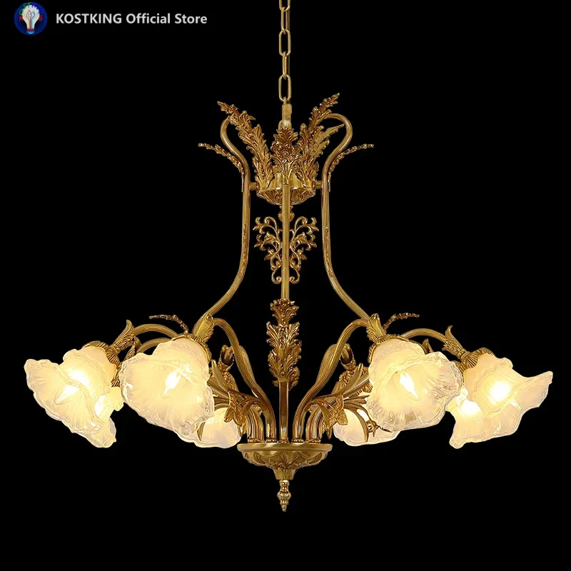 Medieval Rococo Style Hanging Lamps Led Glass with Flower Lampshade Chandelier