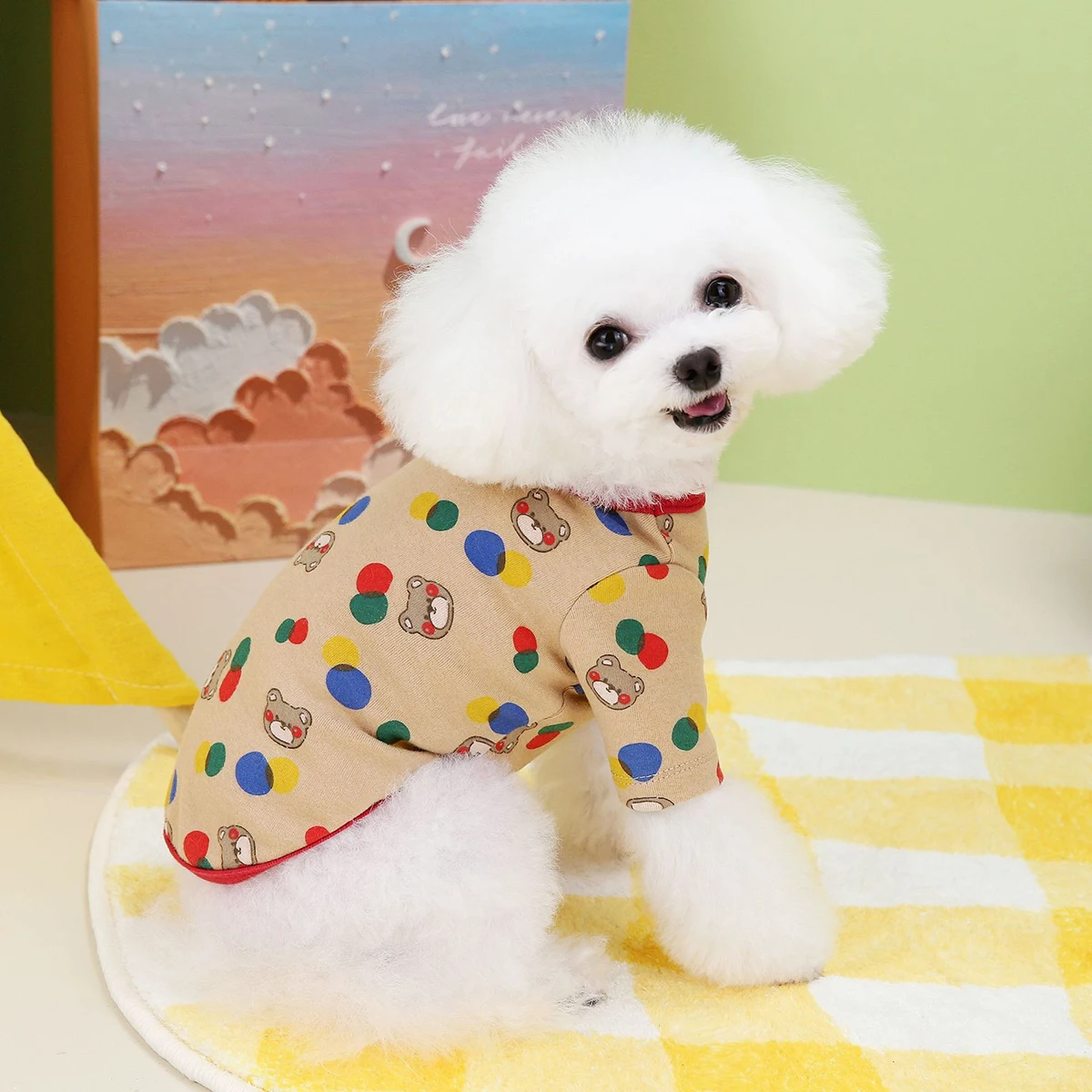 Ropa para mascotas con estampado de oso lindo, chaleco de puntos, camisa de fondo de peluche, jersey de dibujos animados para cachorros, ropa