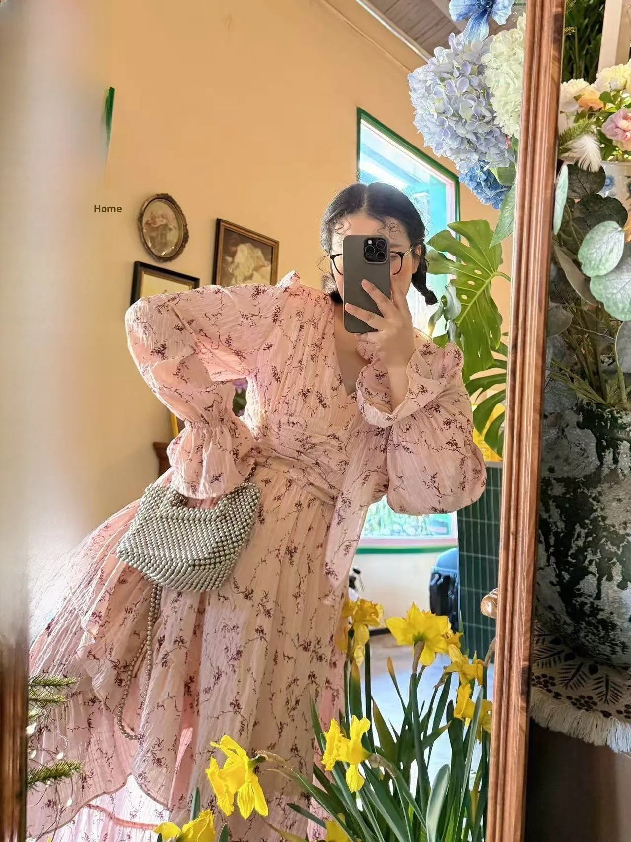 

Pink Floral Long Sve Dr AZHOUSDAY Heavy Embroidery High Waist Line Gentle V-Ne Long Dr for Women Commute OL Sle