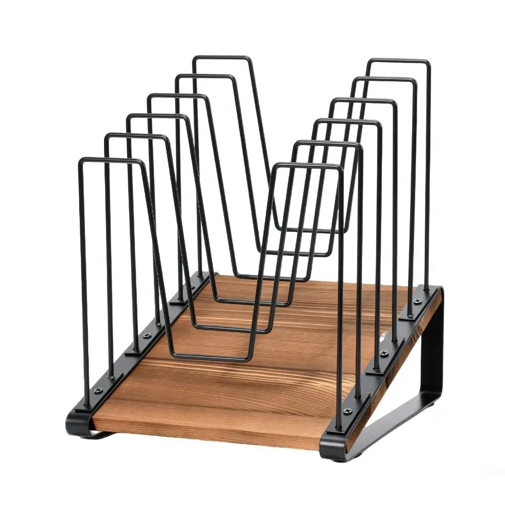 5-Section Inclined Desk File Organizer Vertical Space Saving Metal File Sorter Rack Multifunctional with Wooden Base