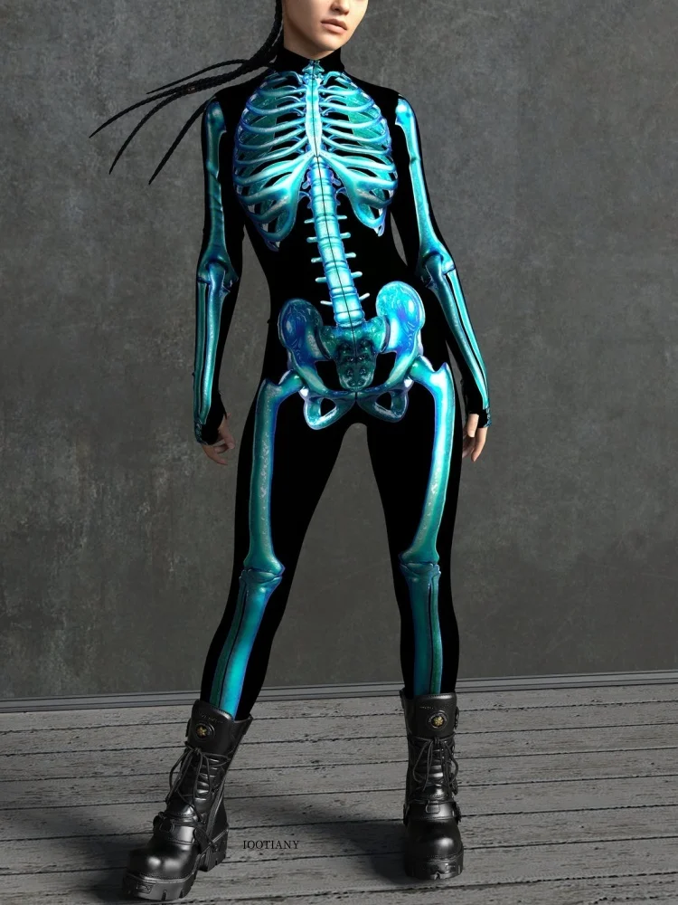 IOOTIANY Damen Grüner Sexy Horror-Skelett-Geister-Bodysuit-Set Halloween Karneval Party Aerial Bühnenauftritt Kostüm-Set – Detail 13