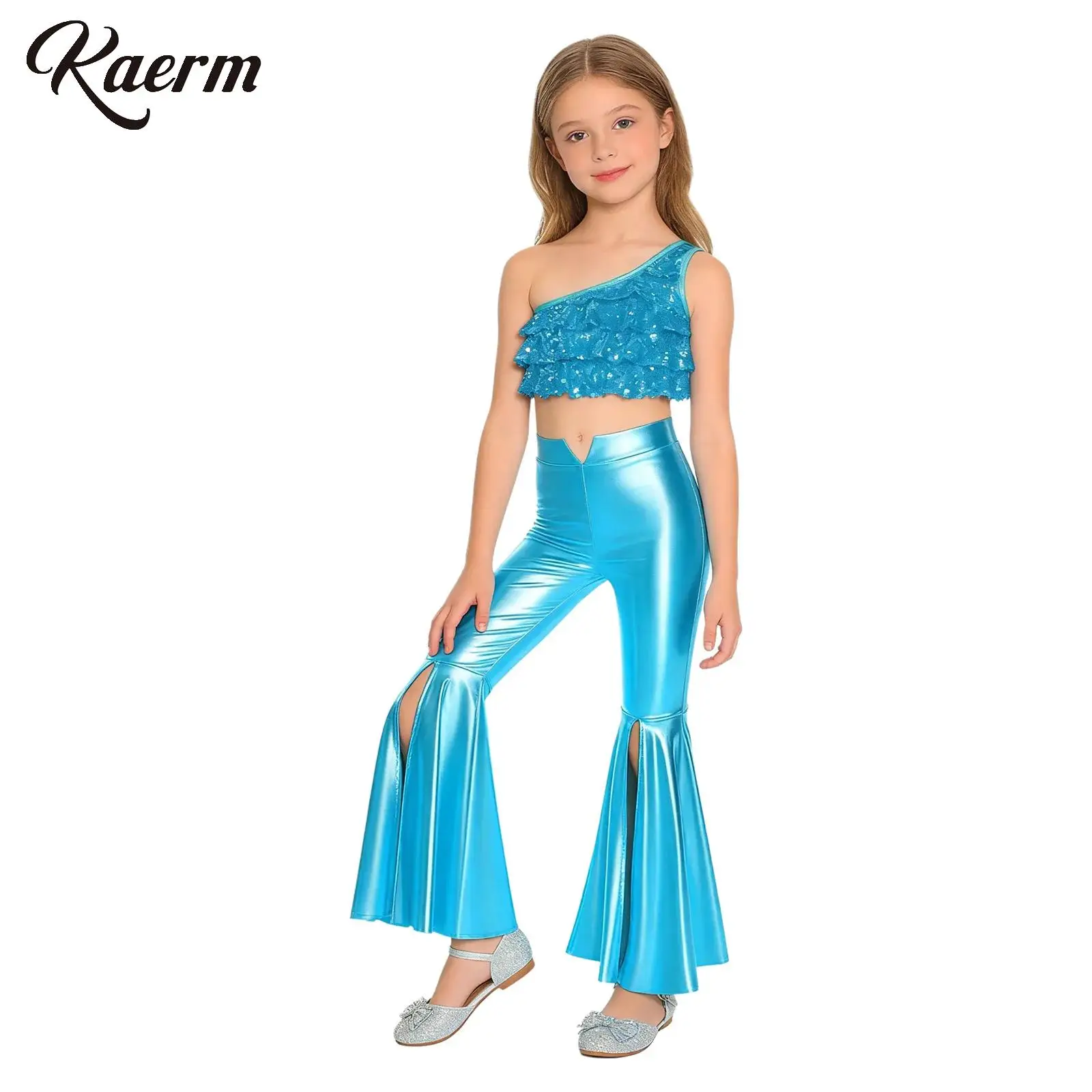 

Girls Metallic Shiny Jazz Dance Outfits Disco Hippie Costume One Shoulder Sleeve Sequins Crop Top with Split Bell-Bottom Pants