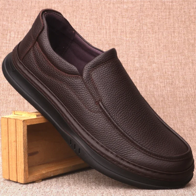 2024 New Handmade Genuine Leather Shoes British Style Business Casual Loafer Round Toe Thick Soft-soled Comfortable Shoes