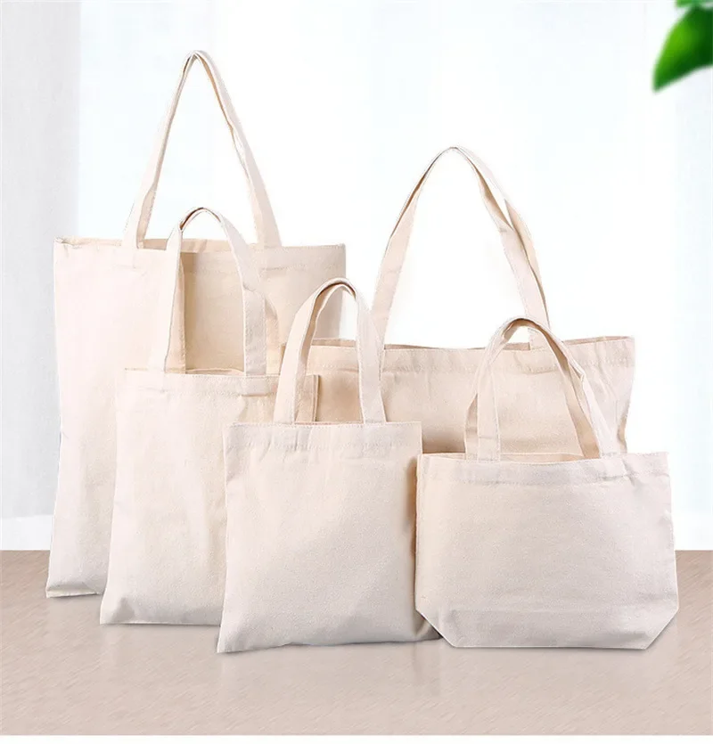 5 pcs White Pure Color Cotton Shopping Bag Women Linen Storage Handbag Canvas Portable Lady Girls Hand Tote Large Capacity