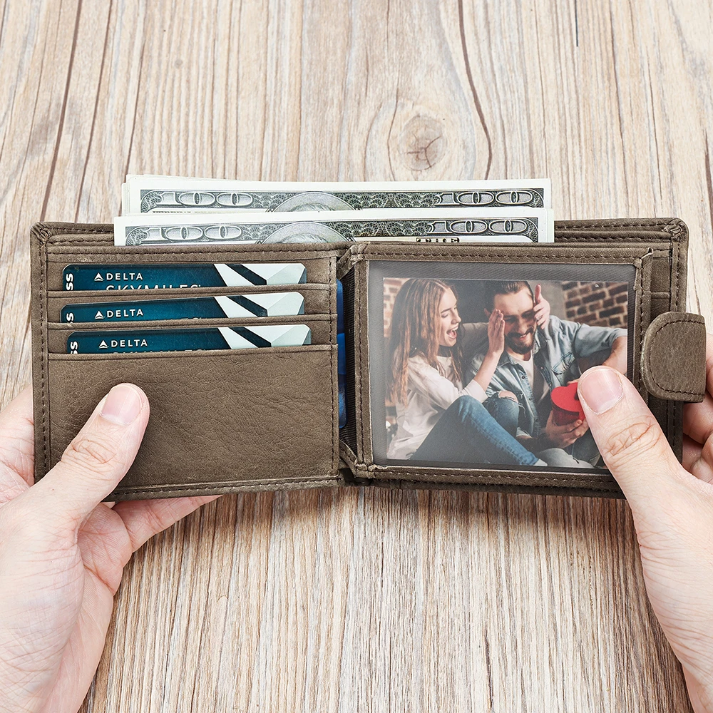 Carteiras dobráveis de couro para homens, porta-cartões de identificação de negócios, papel de notas, dinheiro, foto, bolsa de moedas, pressão curta, carteira cinza