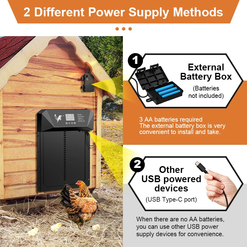 Battery powered automatic chicken coop door, timed opening and closing, anti pinch protection, easy to operate