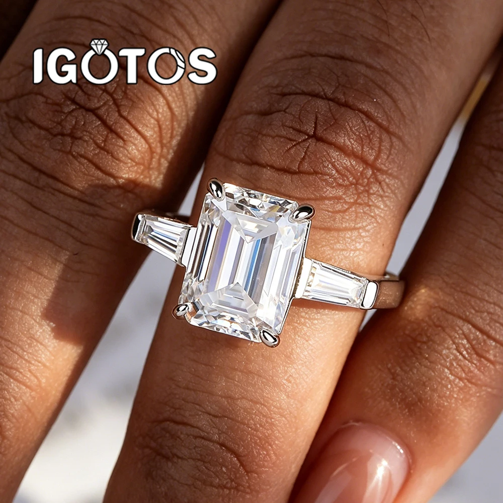 4.5ct Emerald Cut Moissanite Engagement Rings for Women S925 Silver 3-Stone Lab Diamond Wedding Band Side Baguettes Fine Jewelry