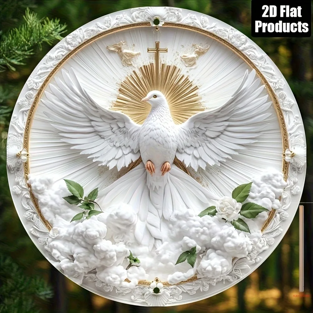 Holy Spirit White Dove 2D Flat High Definition Metal Wall Art Christian Cross Radiant Light Cloud Roses Religious Faith Peace Bl