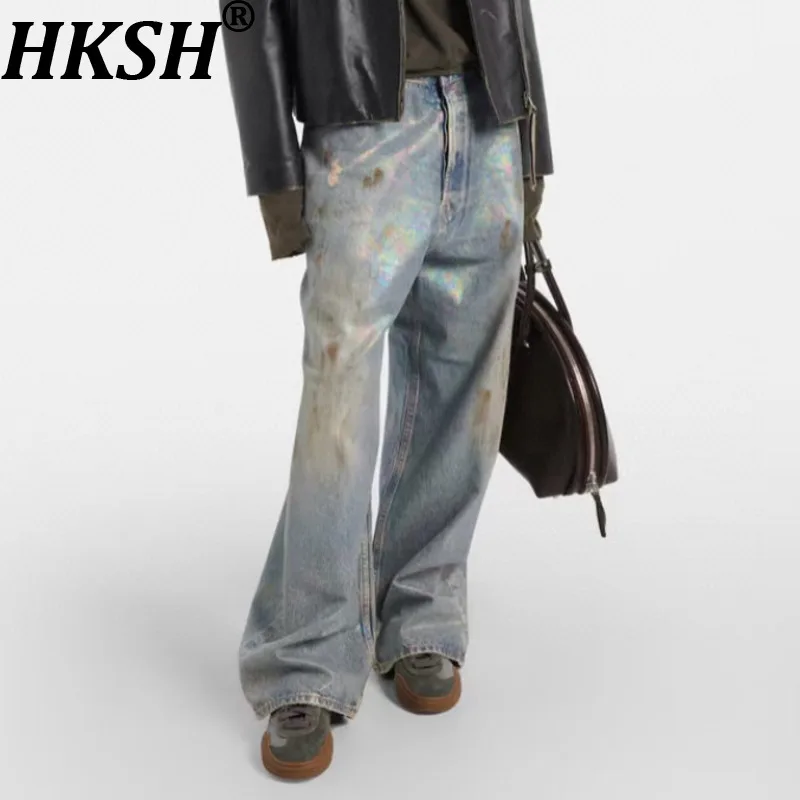 

HKSH Spring Autumn New Men's Tide Punk Pearl Mud-Dyed Jeans High Street Wide-leg Ins Distressed Dirty Washed Denim Pants HK20376