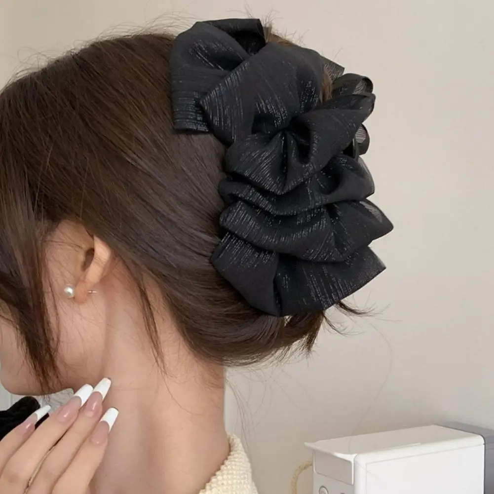 Sweet Mesh Bow Hair Claw Clip Fairy Cloud Tulle Fabric Black Beige Double Sided Ponytail Holder Women Elegant Fashion Accessory