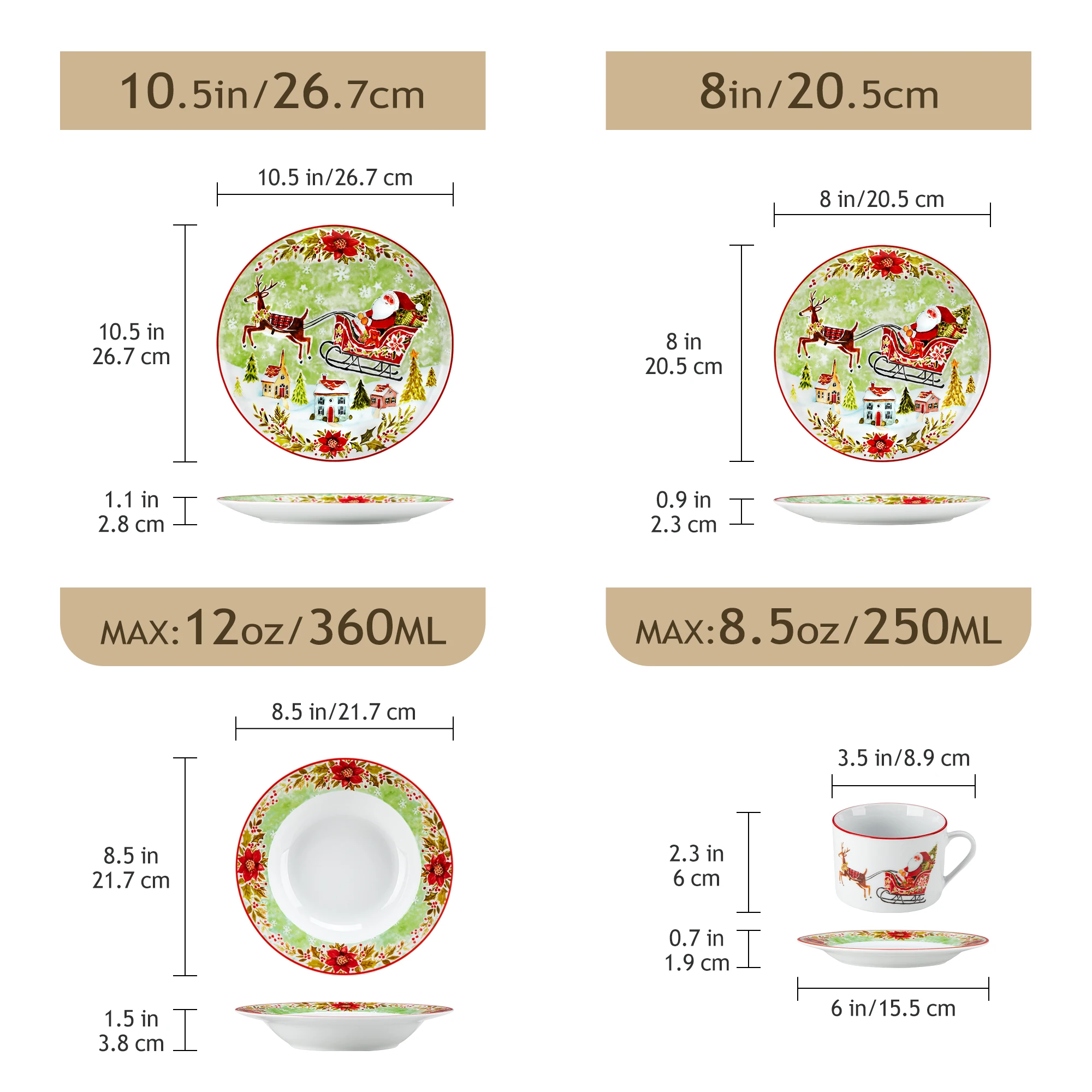 VEWEET 30 Piece Christmas Dinnerware Set Sled Santa Claus Style Ceramic Plate Set With 6pcs Dinner Plate/Dessert/Soup/Mug Set