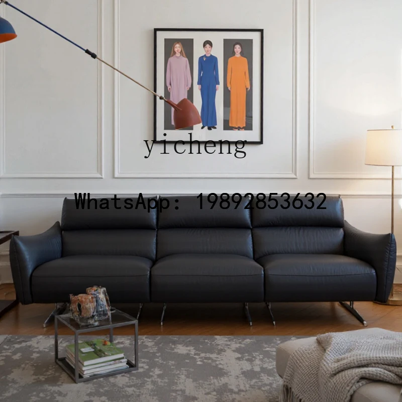 leather sofa minimalist black sofa light luxury high-footed down horizontal hall leather sofa