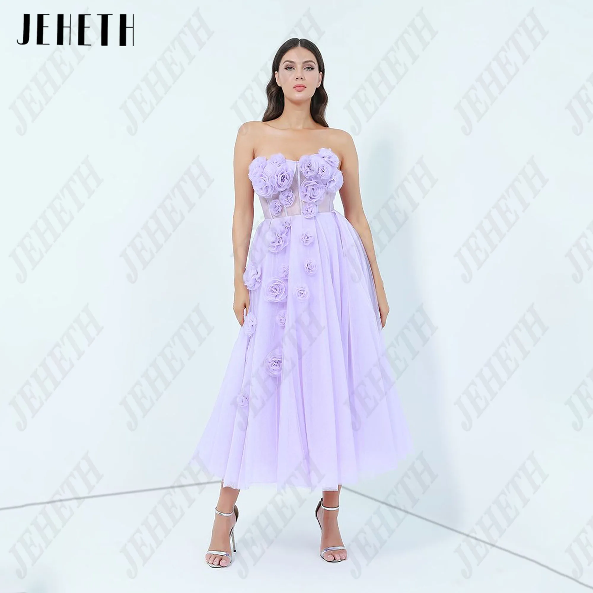 

JEHETH Lavender Flowers Mini Prom Dress Strapless Tulle Formal Evening Gowns Women vestidos de fiesta Customized Tea-Length