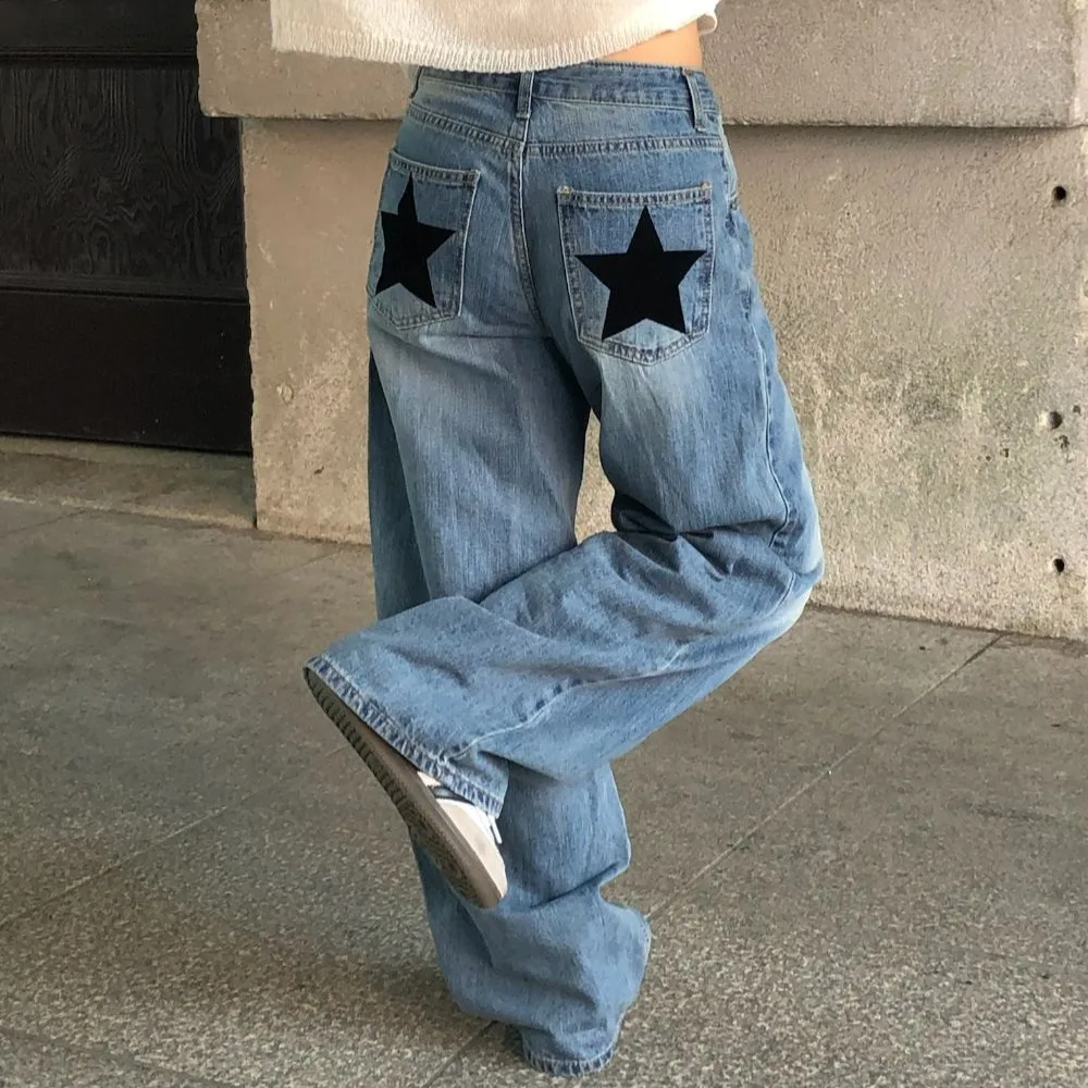

Женские повседневные широкие джинсы с синим звездным принтом, сумки-карго Y2K Harajuku, уличный стиль, джинсовые брюки в стиле ретро, модная трендовая одежда