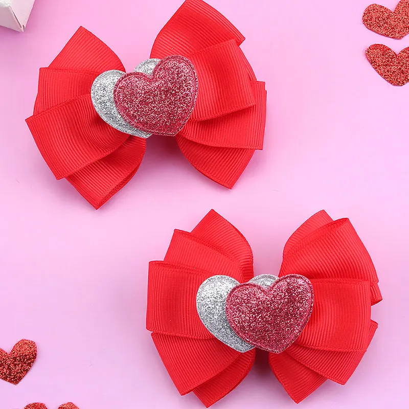 2pcs Shinning Love Hearts Hairpins For Baby Girls Ribbon Print Valentines Day Bows Hair Clips Kids Hairgripes Hair Styling Tools