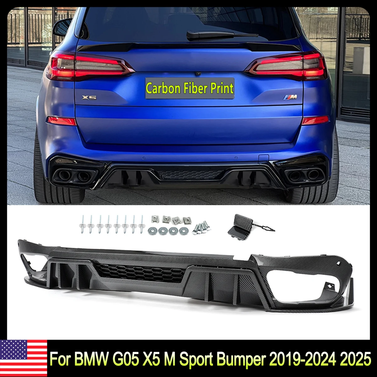 Rear Diffuser Compatible with 2019-2024 BMW X5 G05 MSport SUV Carbon Fiber Look & Glossy Black Rear Valance Lip Spoiler Magickit