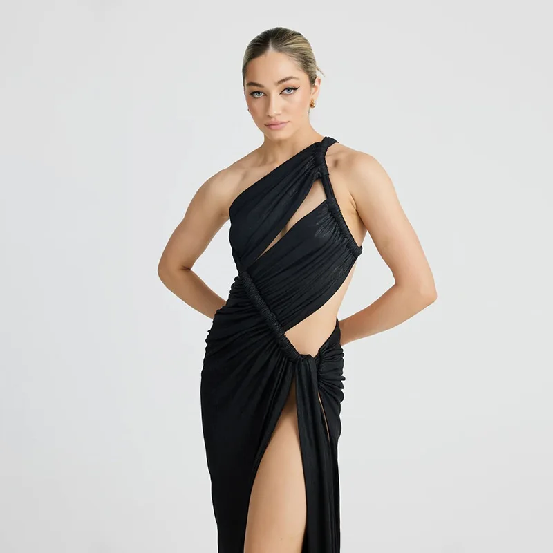 Shiny Black Women's Prom Dress Summer One Shoulder Sexy Sleeveless Side Split Hot Girl Casual Daily Long Birthday Party Gown