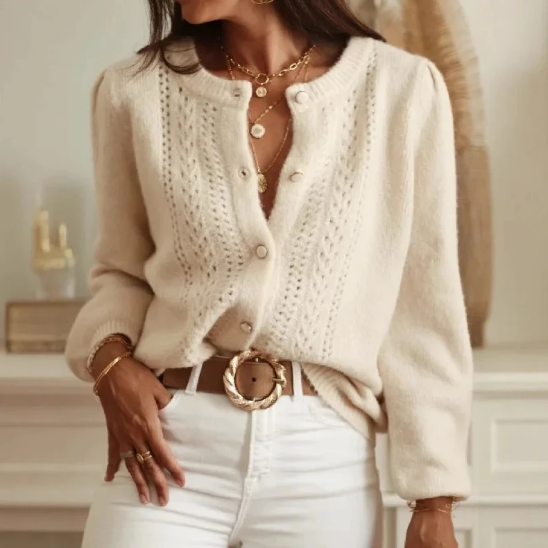 

Elegant Solid Knit Cardigan , Crochet Detail Long Sleeve Jacket, Office & Casual Autumn Wear, Versatile Button Front Sweater