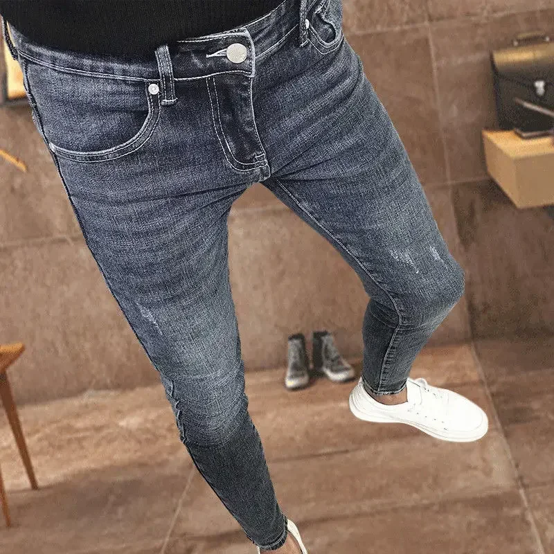 Open-Crotch Pants Light Blue Jeans Men's Korean Style Slim-Fitting Ankle-Tied with Double-Headed Invisible Zipper Pants Couple