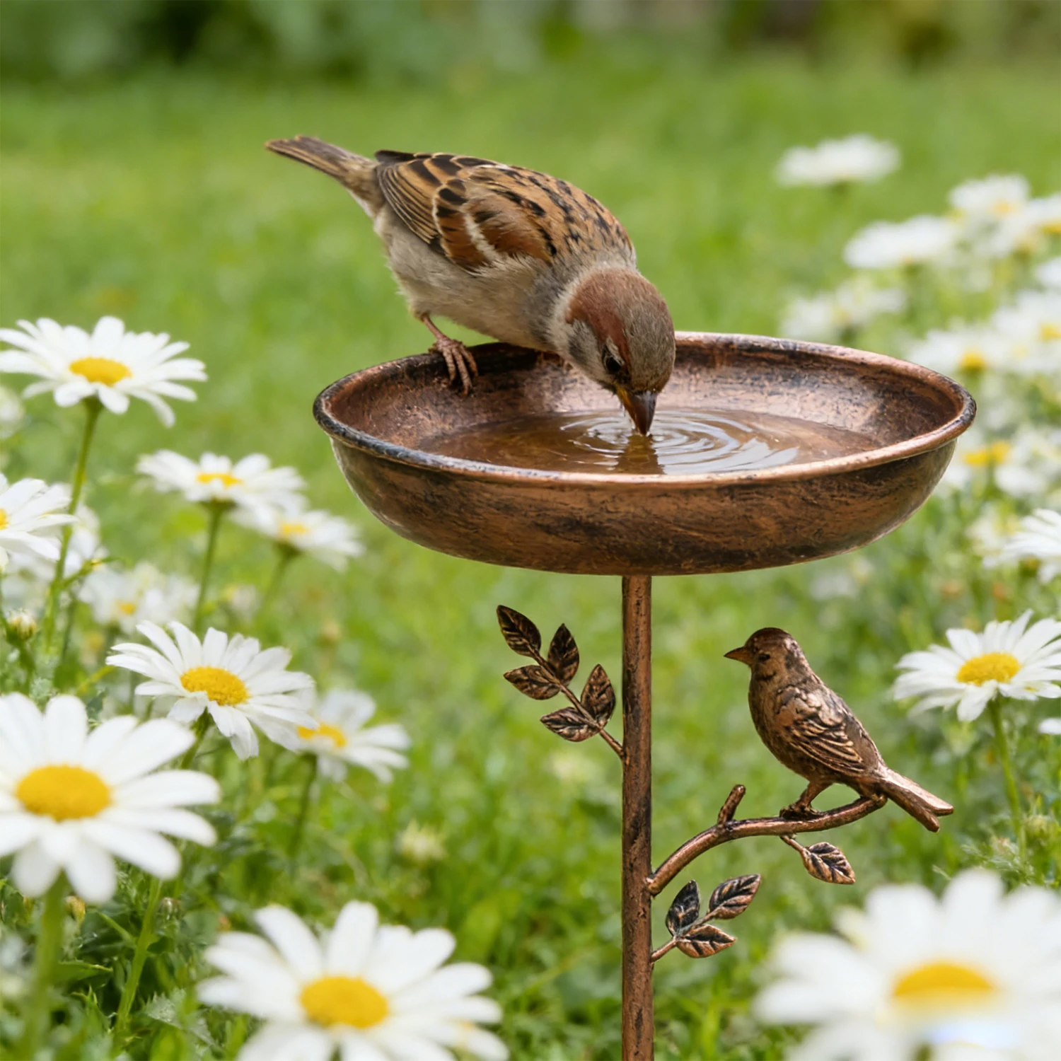 Vintage Cast Iron Bird Bath and Feeder Combination, Outdoor Rust-Proof 5-Prong Ground Stake, Easy-to-Clean Metal Design, Garden