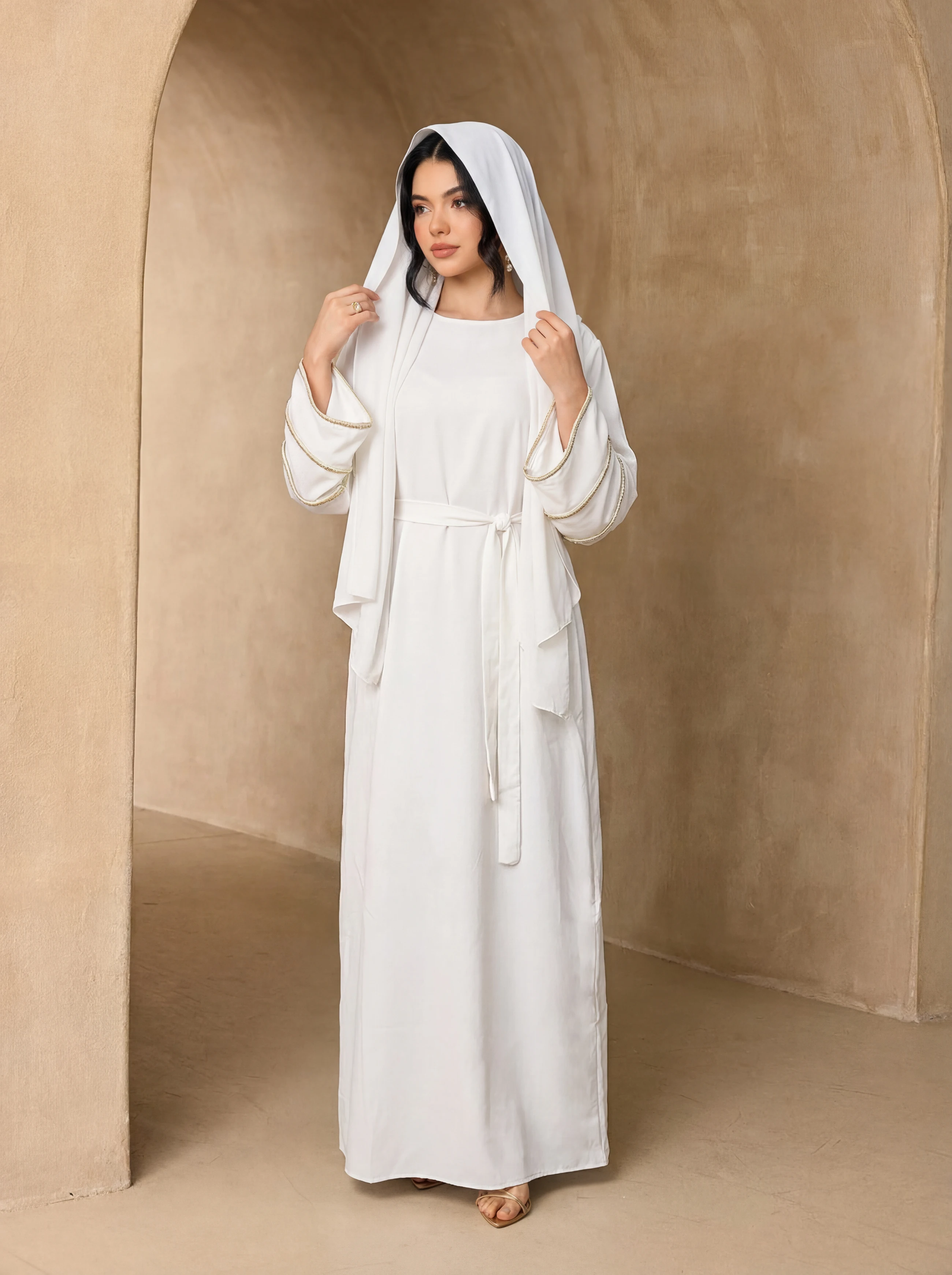 Line Trim Flare Sleeve Abaya 3Pcs Set, Belted Maxi Kaftan With Matching Hijab For Muslim Ladies Eid Prayer Daily Wear