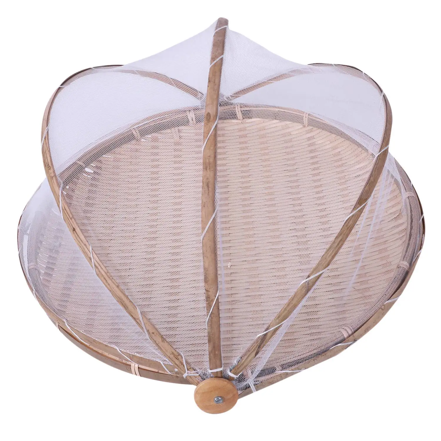 

Handmade Bamboo Woven Bug Proof Wicker Basket Dustproof Picnic Fruit Tray Food Bread Dishes Cover With Gauze Panier Osier