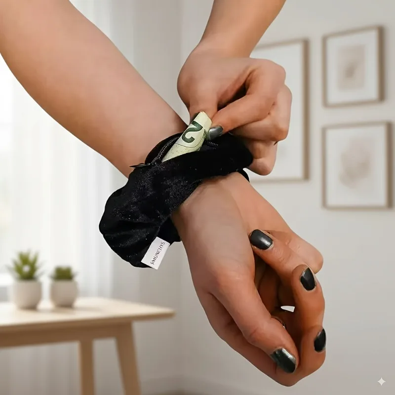 

Secret Pocket Hair Tie - Velvet Headband with Hidden Zipper Compartment, Portable Money & Card Holder for Travel & Gym