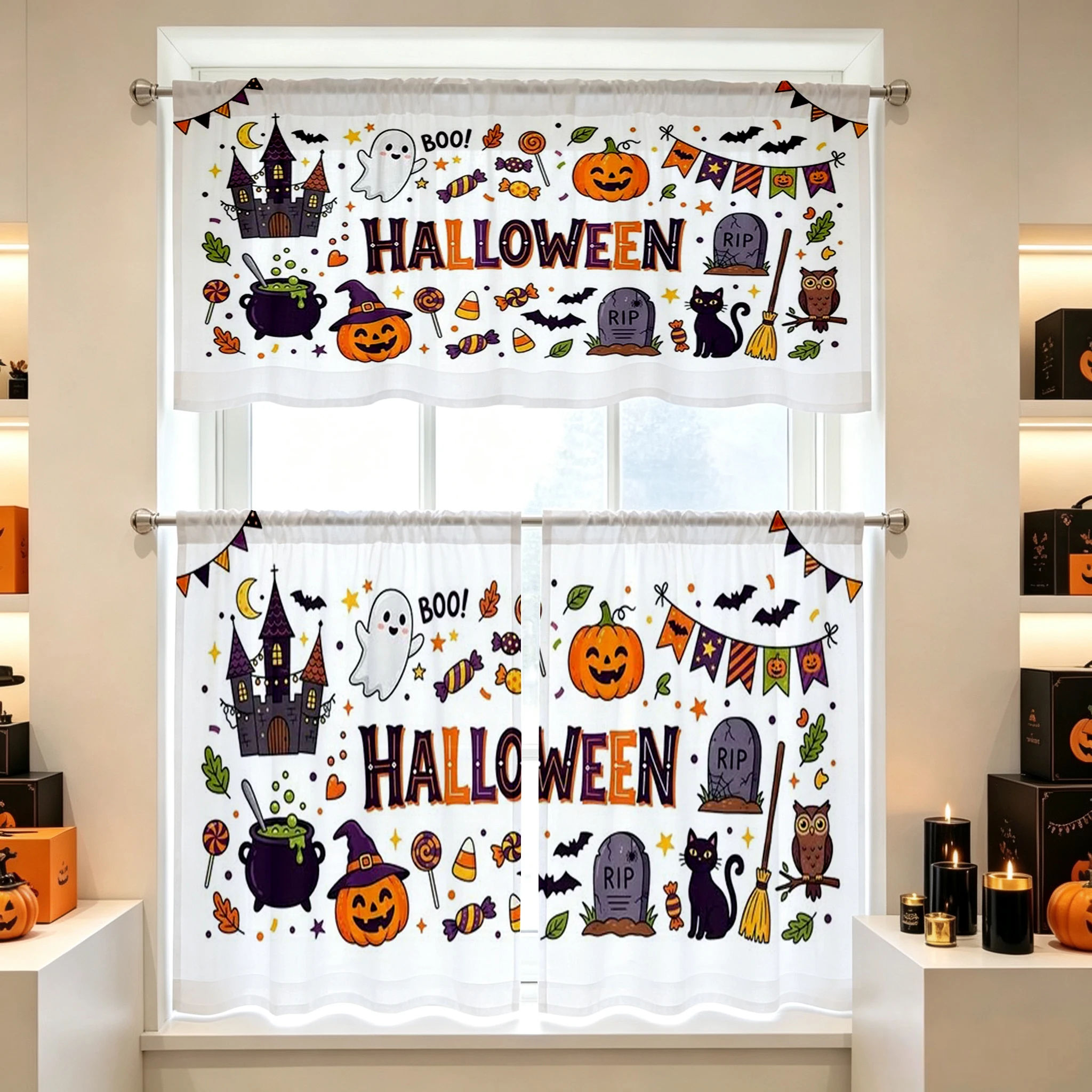 Halloween Fall Kitchen Curtains, Pumpkin Ghost Stripe, Digital Print, Kitchen Dining Room, Rod Pocket Polyester, Home Decor