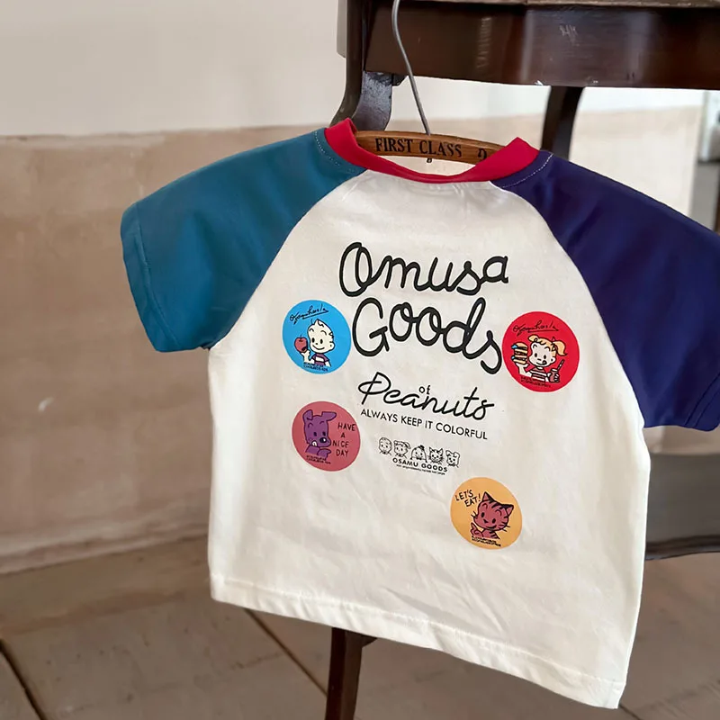 T-shirt estiva a maniche corte per bambini nuovi ragazzi e ragazze t-shirt a maniche corte in cotone Color Blocking Cartoon Baby manica corta