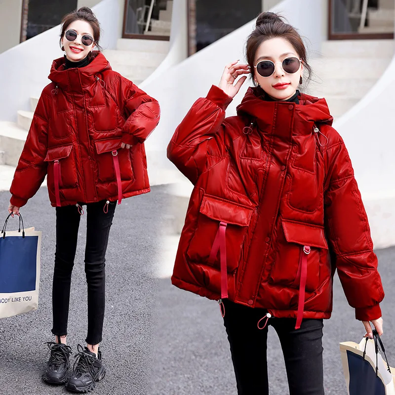 

Glossy Down Jacket Women Short Winter New White Duck Down Thickened Hooded Puffer Jacket Fashion Loose Large Size Windproof Coat