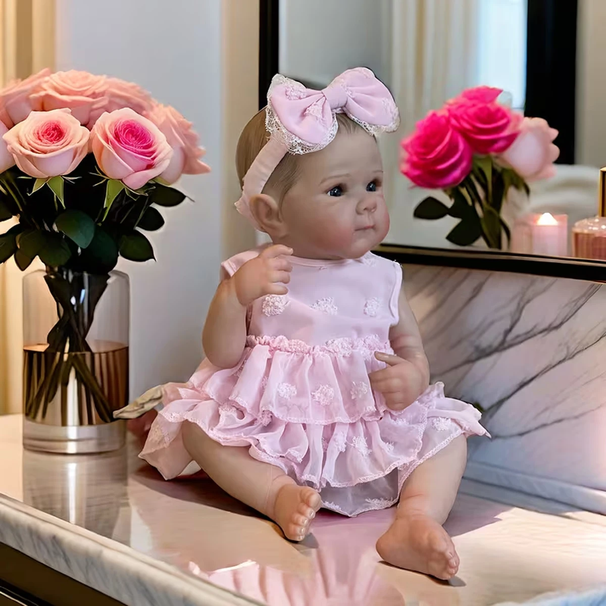 ジョイオラ 可視血管全身ビニール製女の子リボーンドール ピンクドレス 蝶々 クリスマスプレゼント 家族の祝日ギフト リボーンドール