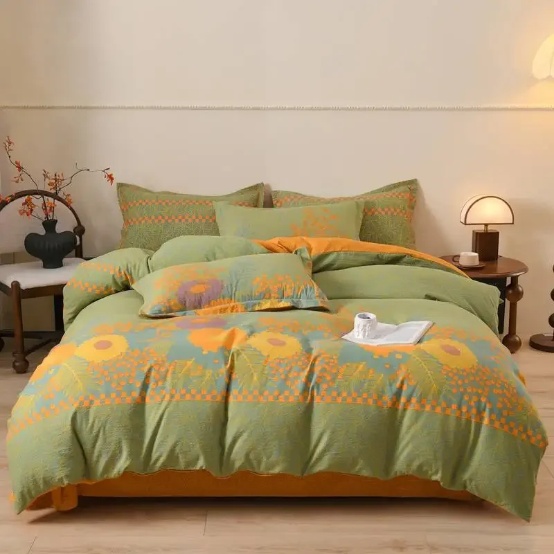 New household four-season available skin-friendly printing washable double-layer yarn jacquard bed sheet four-piece set