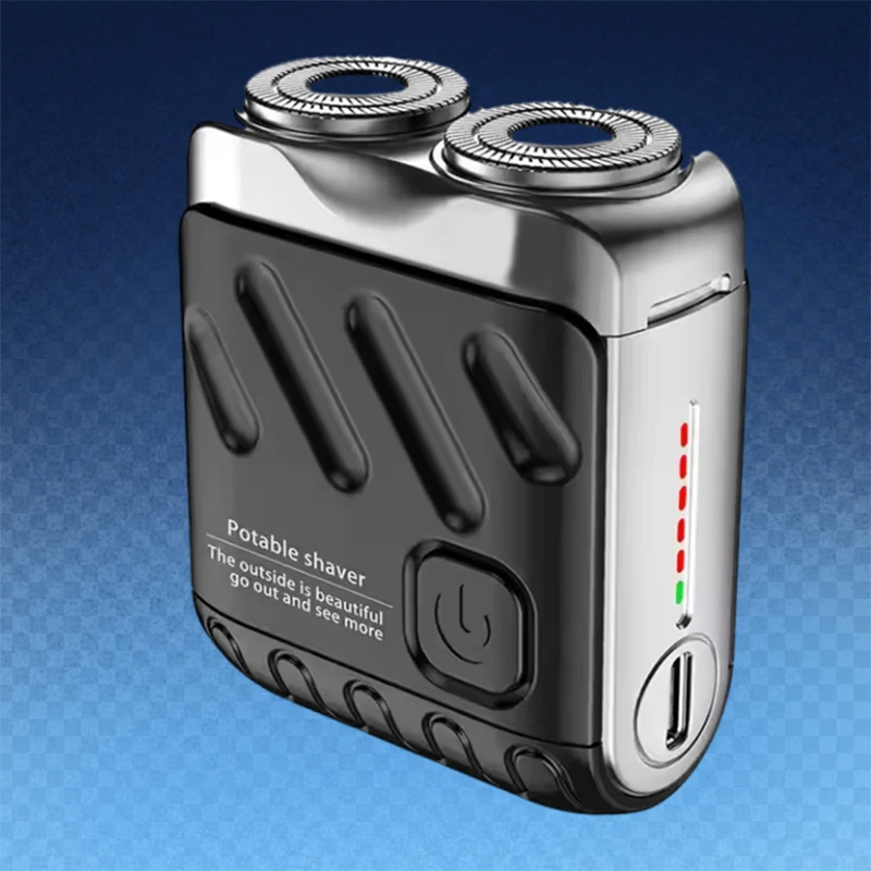 

Portable mini rechargeable electric shaving tool with two blades, for facial hair. Comes with USB power supply.